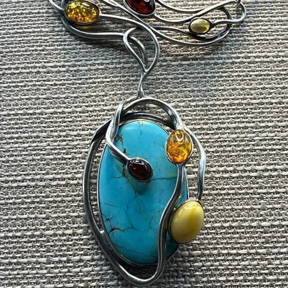Turquoise and multi color Amber 925 Art Deco design necklace. - Picture 2 of 8